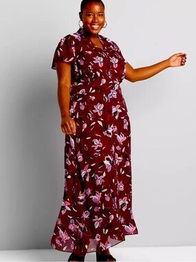 Lane Bryant • Burgundy Floral Flutter Sleeve Maxi Dress • Size 28